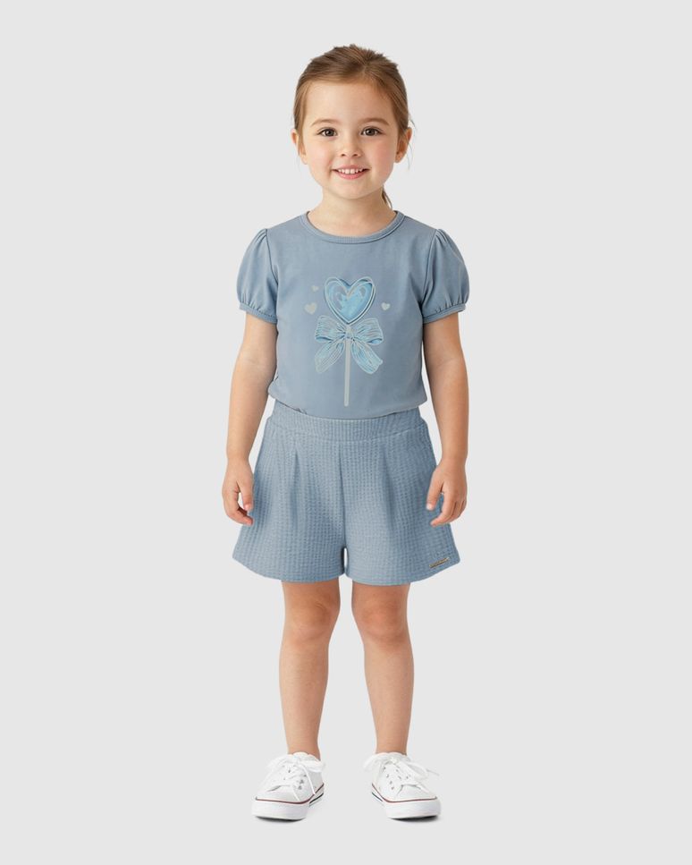 Conjunto Menina Blusa Estampa Laço E Coração Foil Em Algodão - Carinhoso