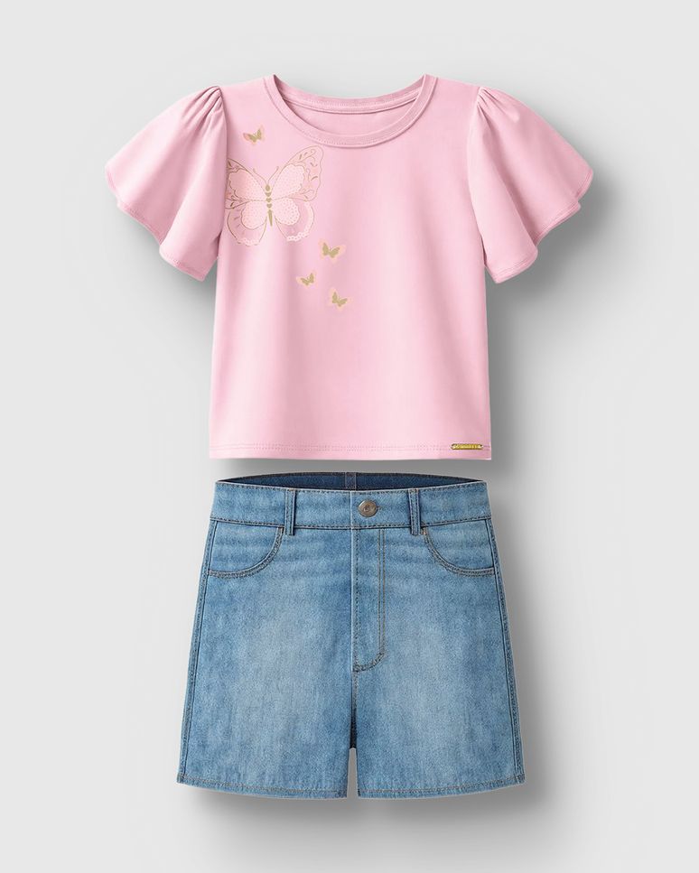 Conjunto Menina Blusa Bordado Lantejoula E Shorts Jeans Stretch - Carinhoso