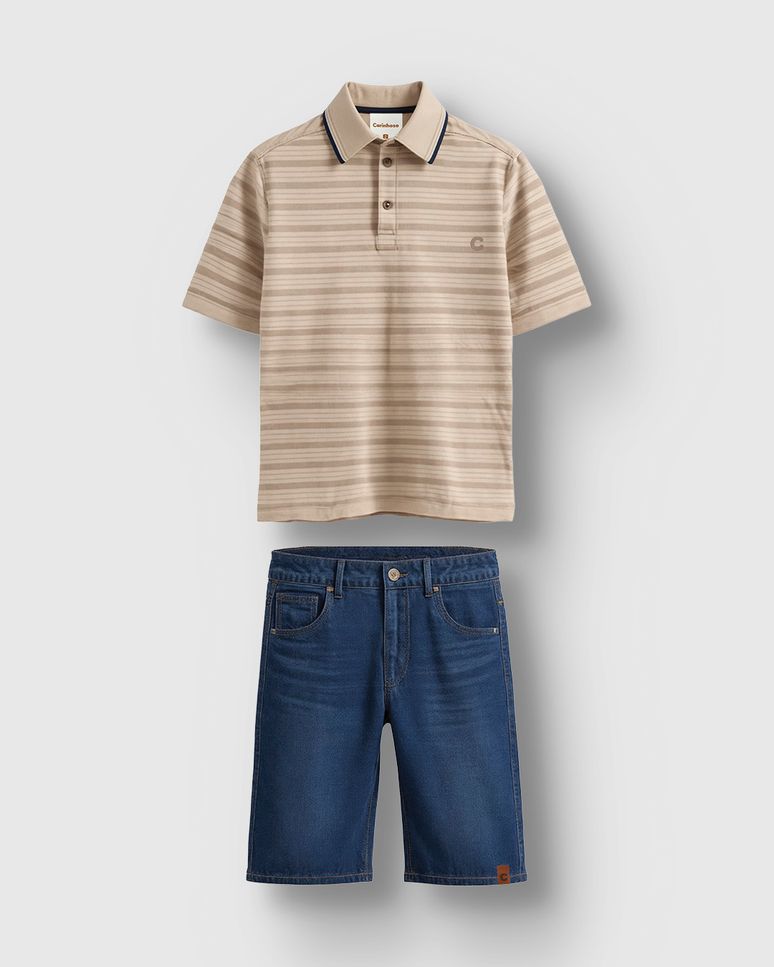 Conjunto Menino Camisa Polo Listrada E Bermuda Jeans Stretch - Carinhoso