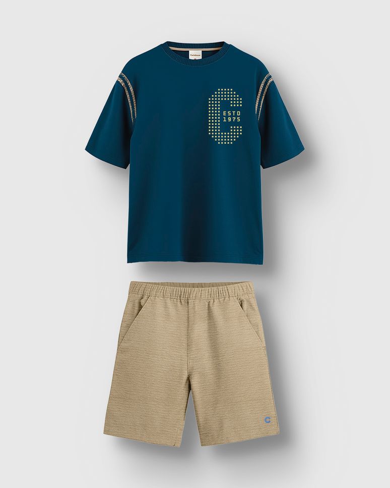 Conjunto Menino Camiseta Listra Ombro Em Algodão - Carinhoso