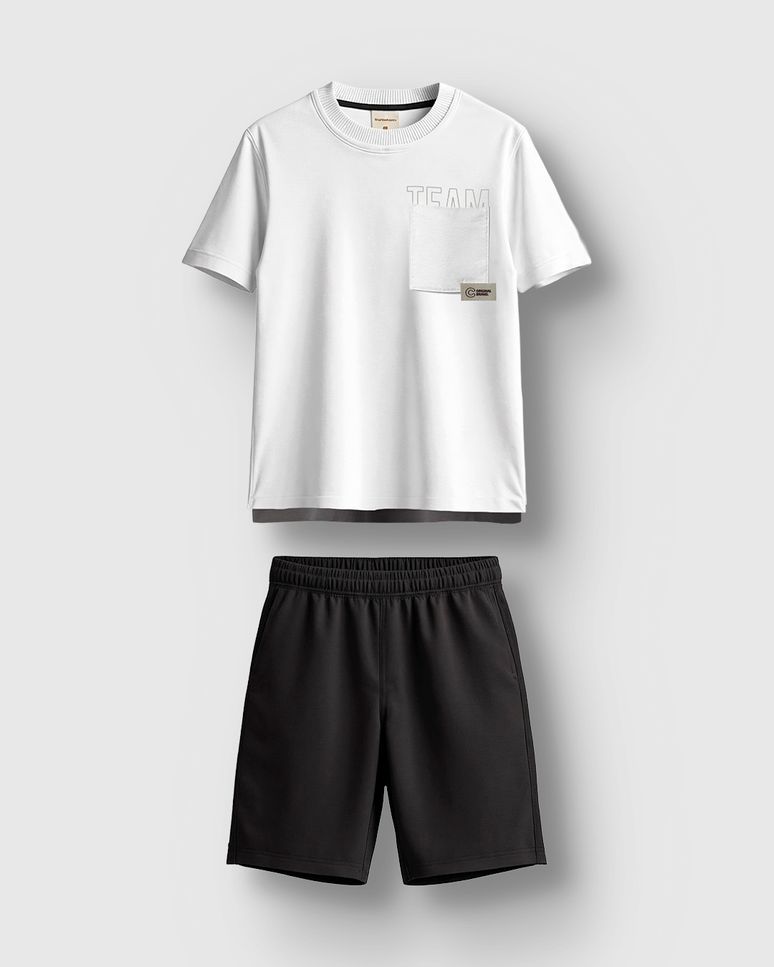 Conjunto Menino Camiseta Estampa Team Bolso Frontal Em Algodão - Carinhoso