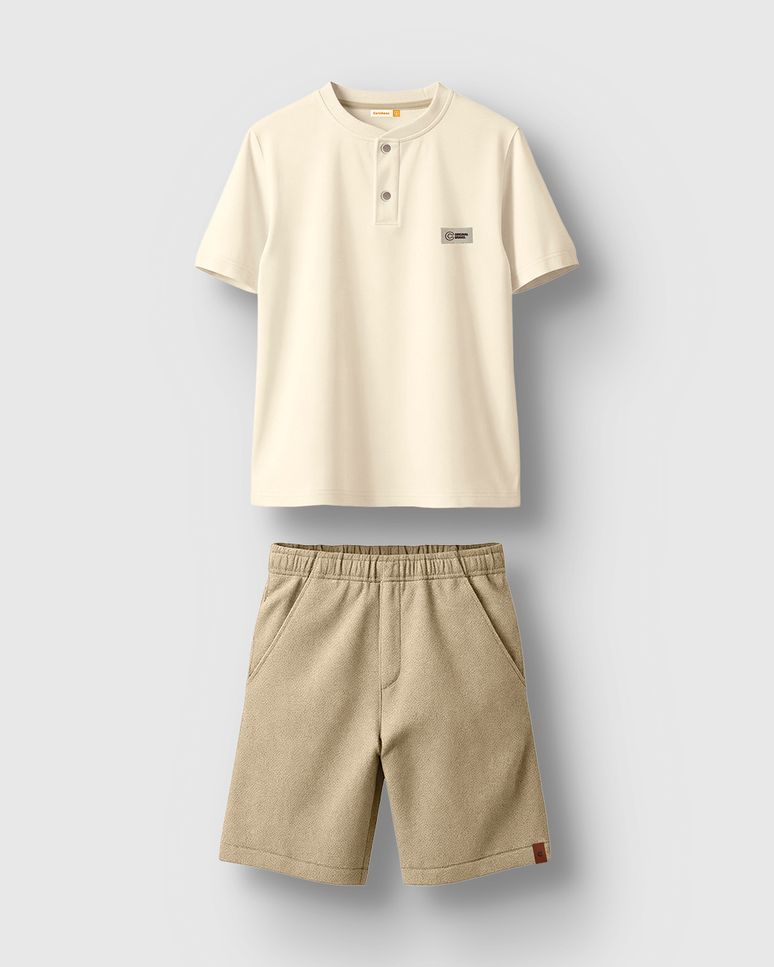 Conjunto Menino Camiseta E Bermuda Bolso Faca Algodão Com Linho - Carinhoso