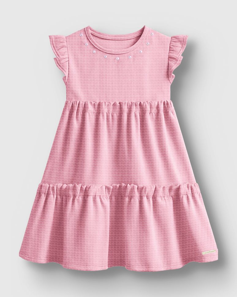 Vestido Menina Camadas Decote Aplique Pérolas Em Malha Texturizada - Carinhoso