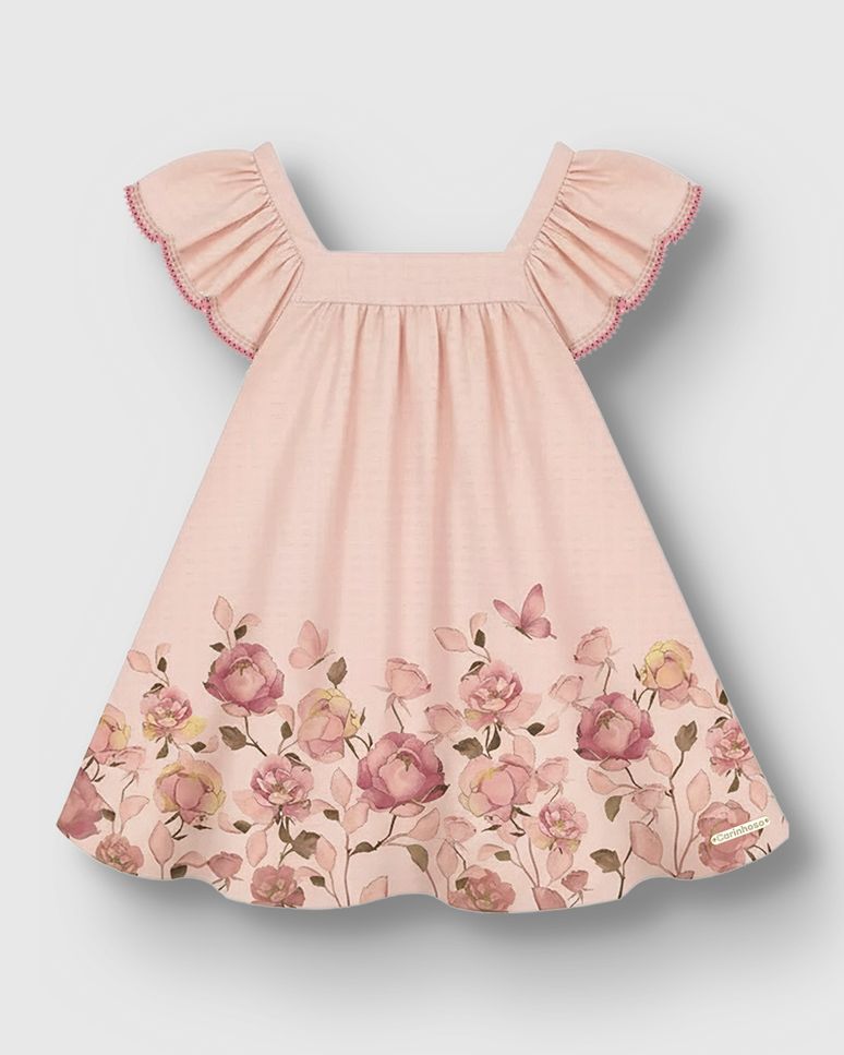 Vestido Menina Decote Quadrado Estampa Floral Malha Texturizada - Carinhoso