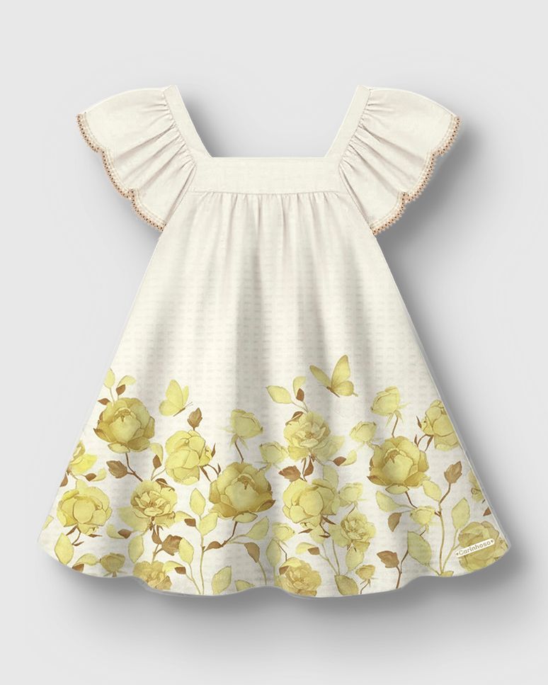 Vestido Menina Decote Quadrado Estampa Floral Malha Texturizada - Carinhoso