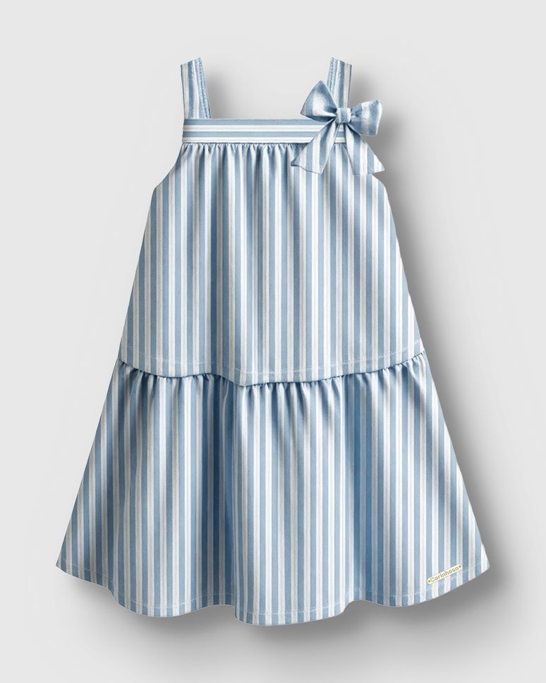 Vestido Menina Amplo Listrado Laço Frontal Em Algodão Lurex - Carinhoso