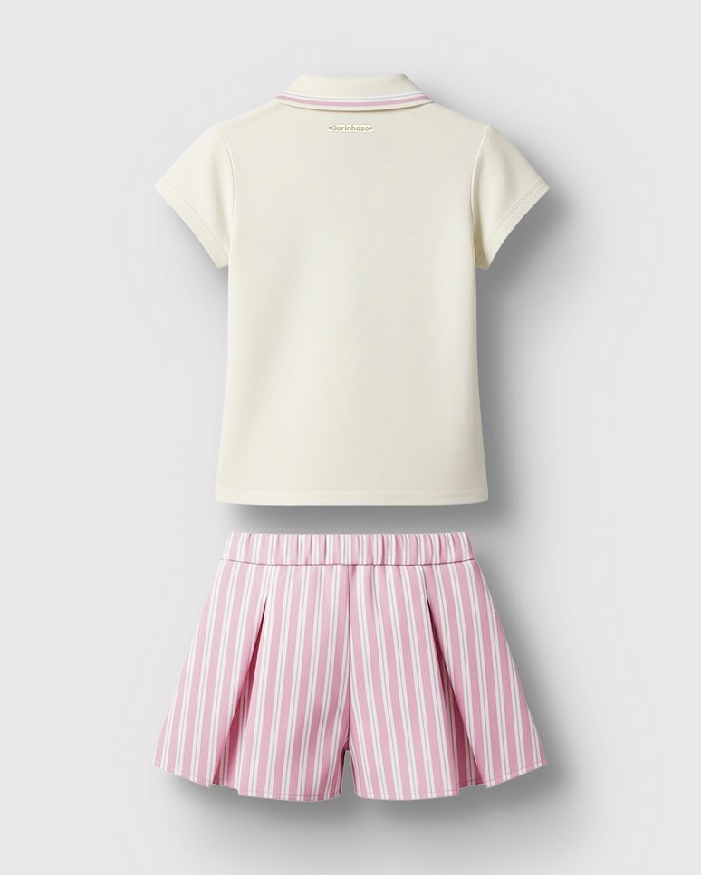 Conjunto Menina Blusa Polo E Saia Listrada Em Algodão Lurex - Carinhoso
