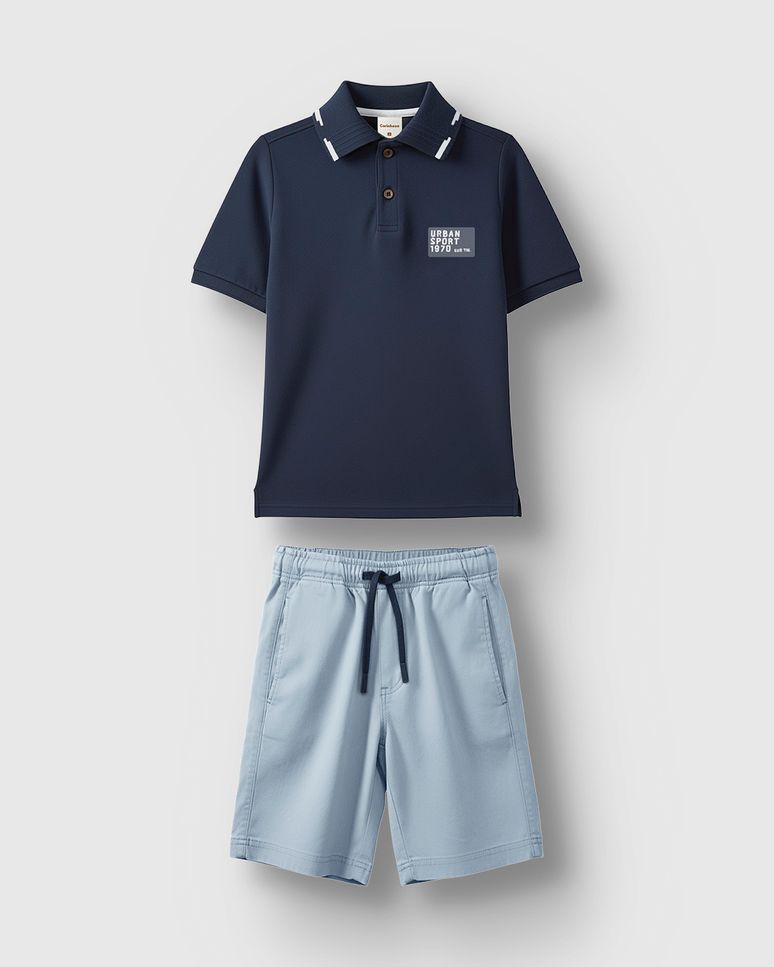 Conjunto Menino Camisa Polo Etiqueta Decorativa Em Algodão - Carinhoso