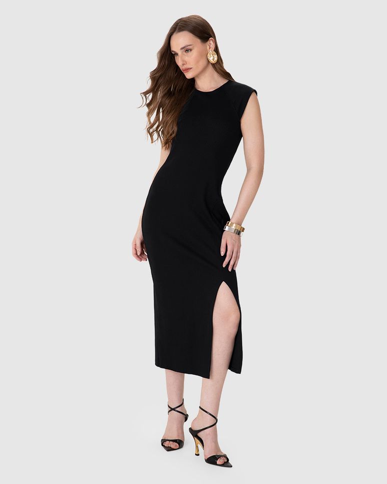 Vestido Midi Feminino Reto Sem Manga Fenda Frontal Em Ribana - ENFIM