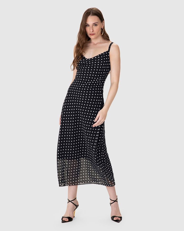 Vestido Midi Feminino Evasê Estampa Poá Alça Fina Dupla Em Chiffon - ENFIM
