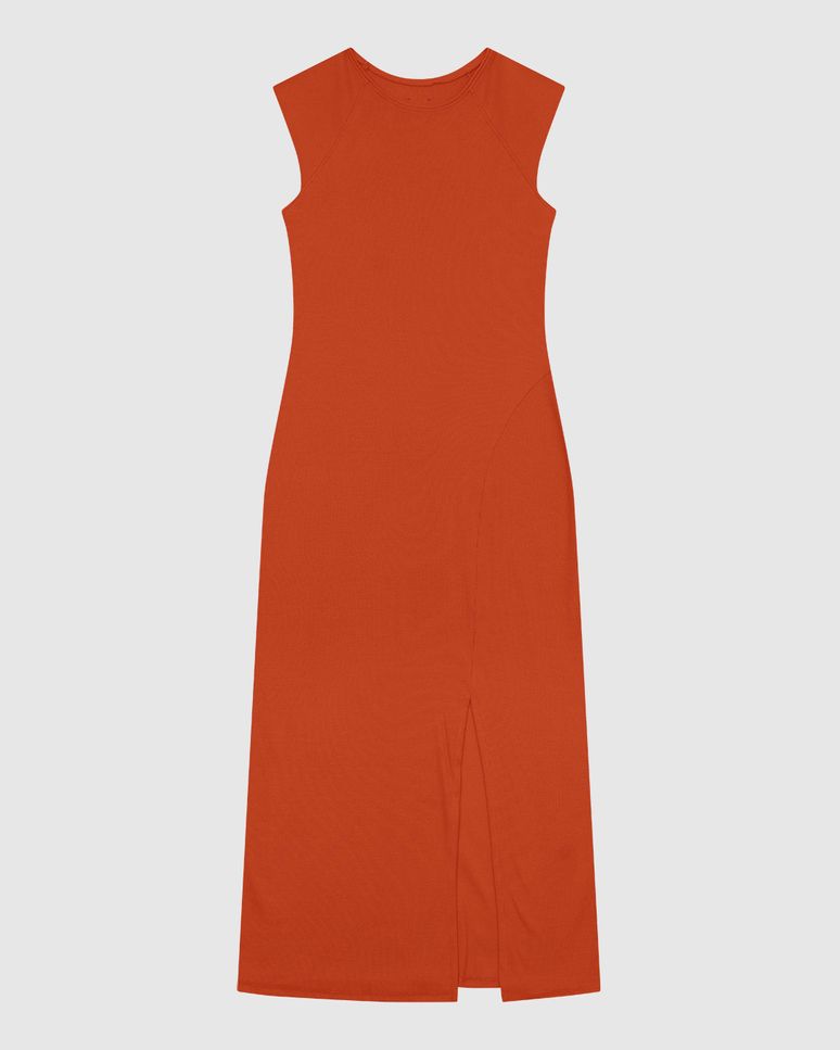 Vestido Midi Feminino Reto Sem Manga Fenda Frontal Em Ribana - ENFIM