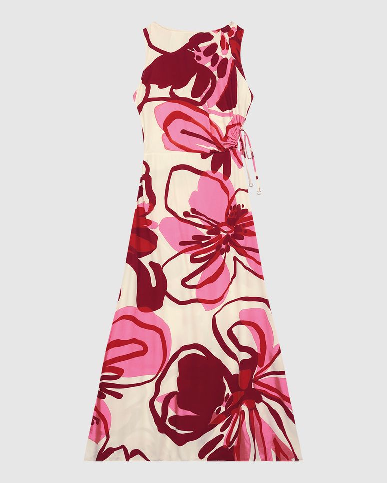 Vestido Midi Feminino Floral Detalhe Amarração Lateral Em Viscose - ENFIM