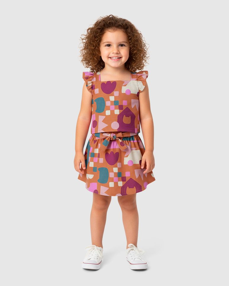 Conjunto Infantil Menina Blusa E Saia Estampa Geométrica Algodão Malwee Kids