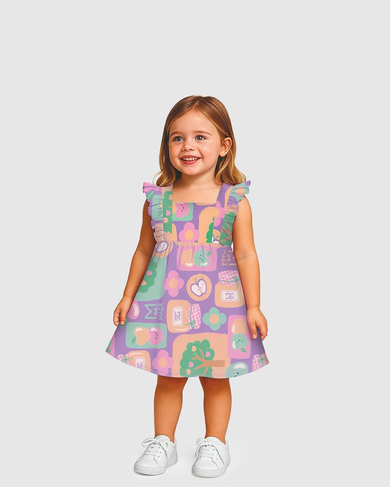 Vestido Infantil Rodado Babados Estampa Digital Em Viscose Malwee Kids