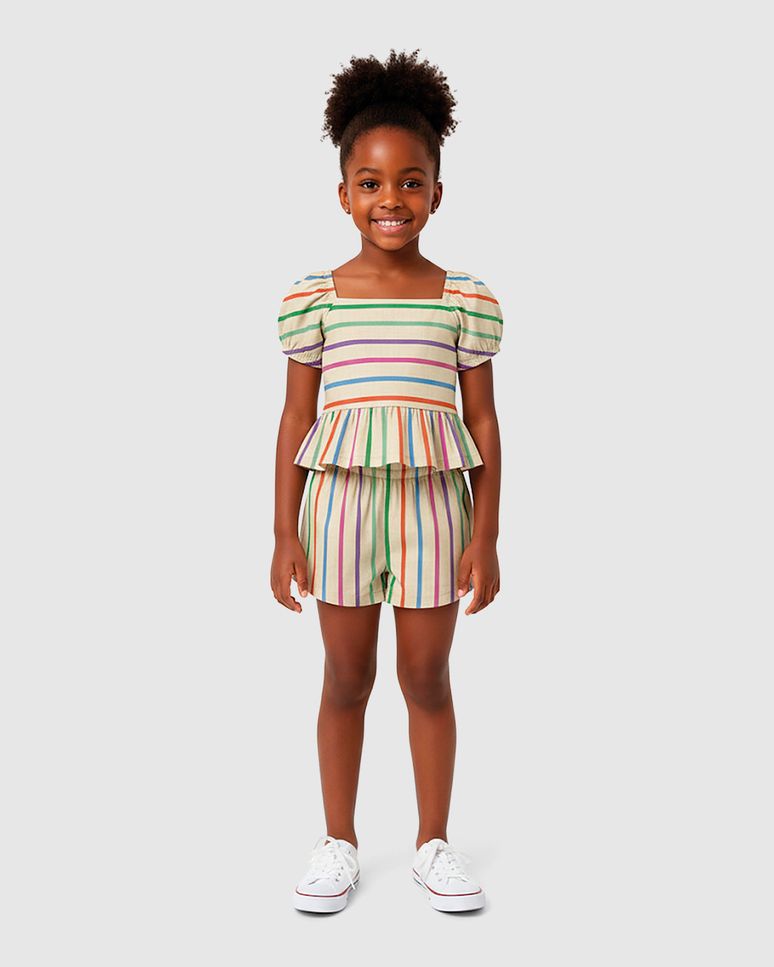 Conjunto Infantil Menina Listrado Blusa Peplum E Shorts Em Viscose Malwee Kids