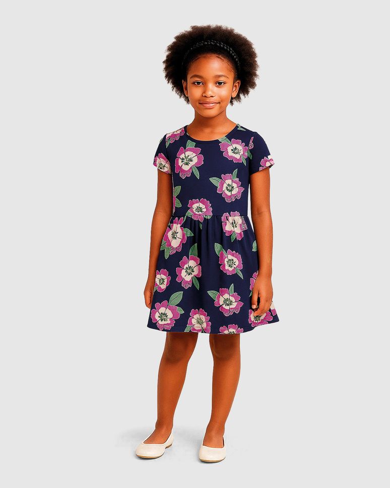 Vestido Infantil Evasê Manga Curta Estampado Em Algodão Malwee Kids