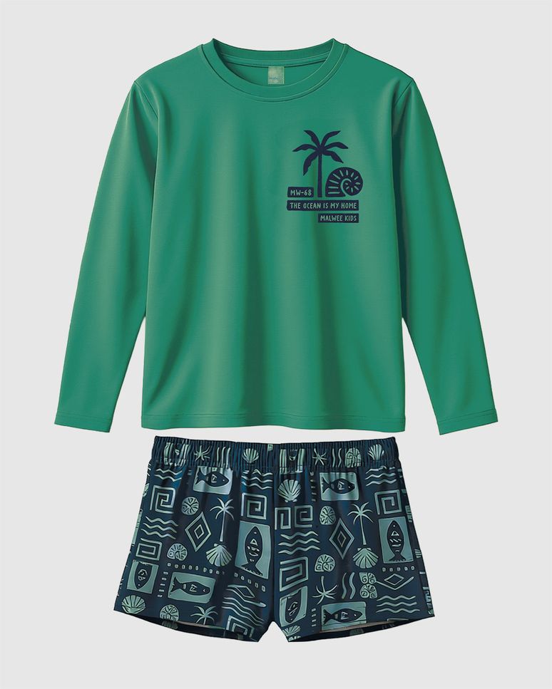 Conjunto Infantil Menino Camiseta Praia The Ocean + Sunga Malha UV Malwee Kids