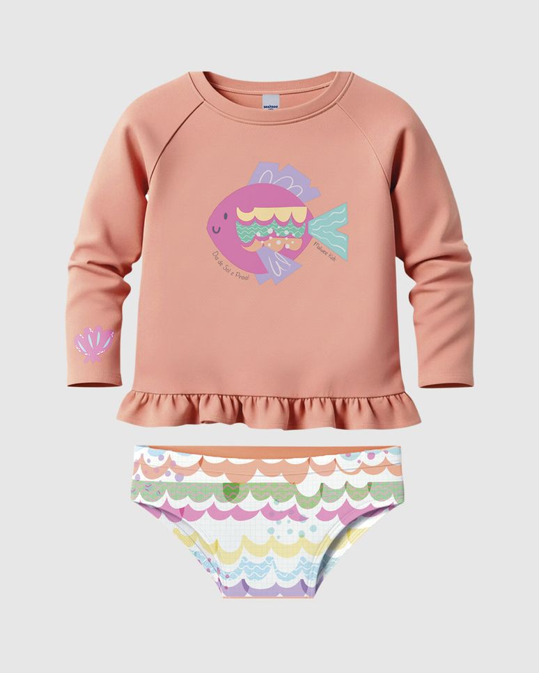 Conjunto Infantil Menina Blusa Praia Babado Peplum Malha UV50+ Malwee Kids