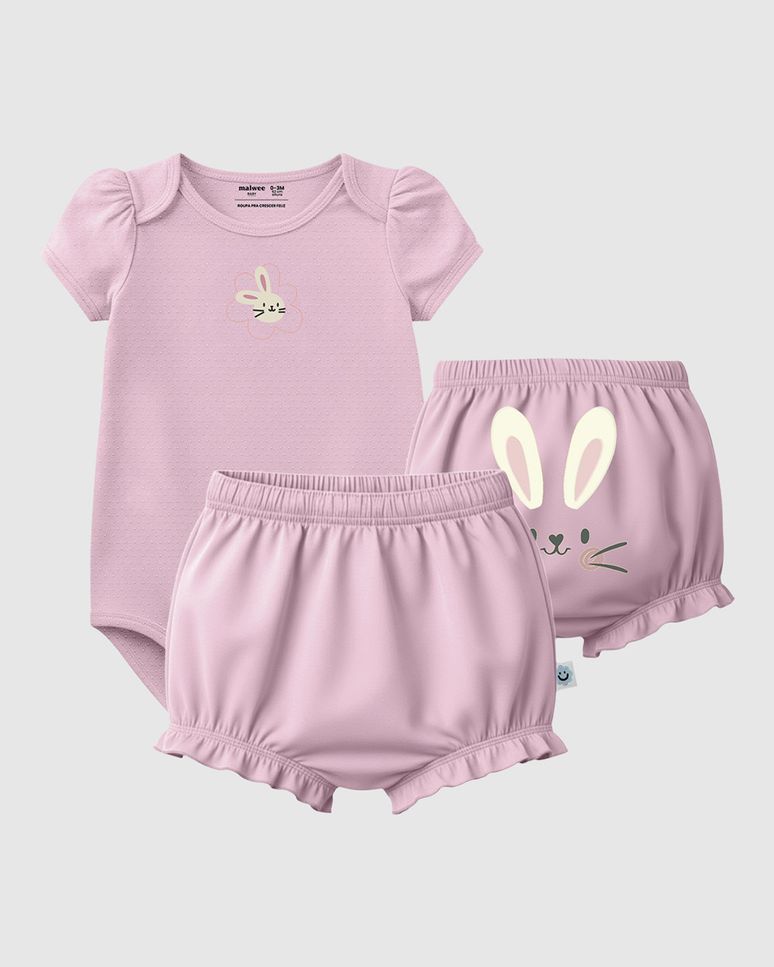 Conjunto Bebê Menina Coelhinho Body + Shorts Em Algodão Malwee Kids