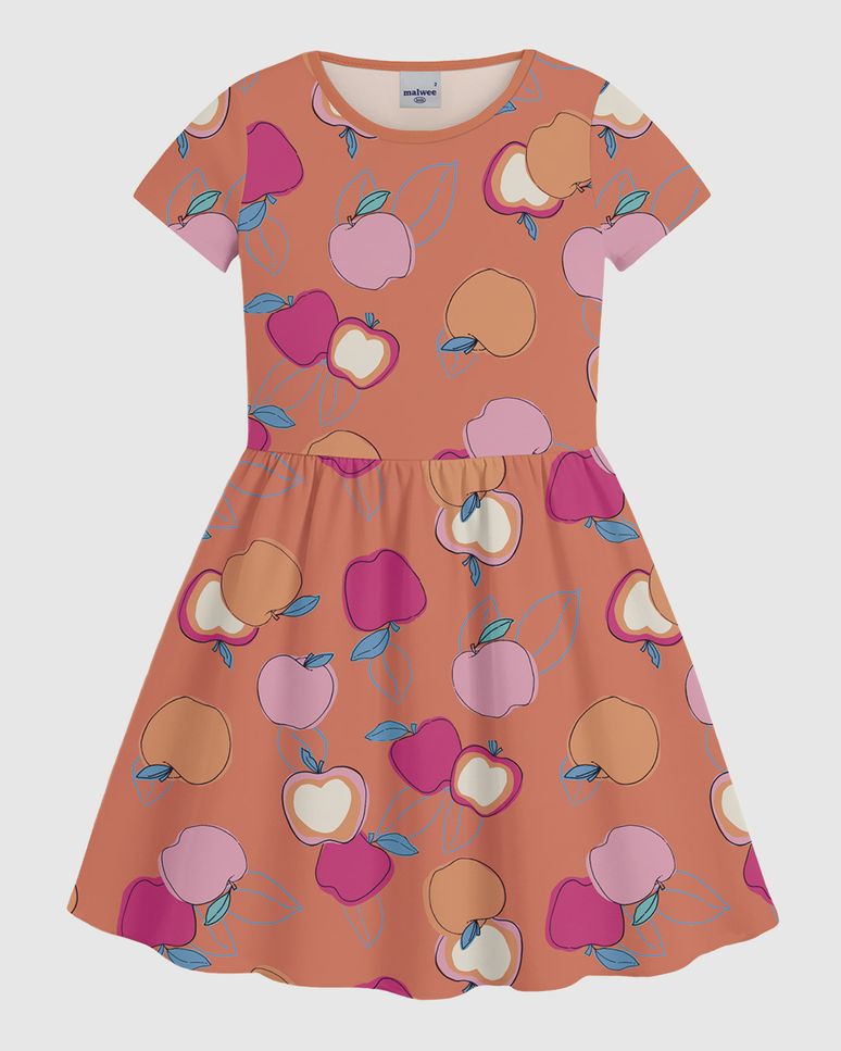 Vestido Infantil Evasê Manga Curta Estampado Em Algodão Malwee Kids