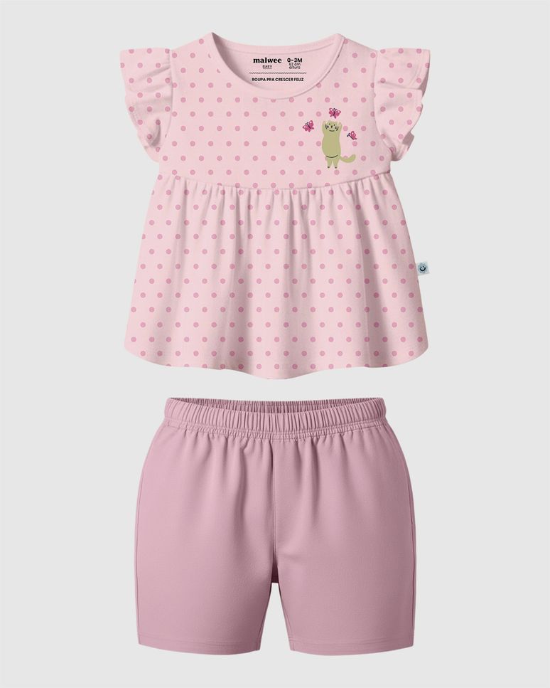 Conjunto Bebê Menina Blusa Estampa Poá + Bermuda Em Algodão Malwee Kids