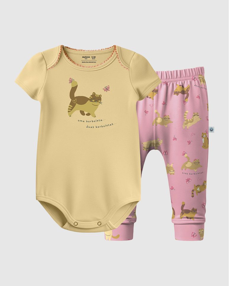 Conjunto Bebê Menina Body + Calça Estampa Gatinhos Em Algodão Malwee Kids