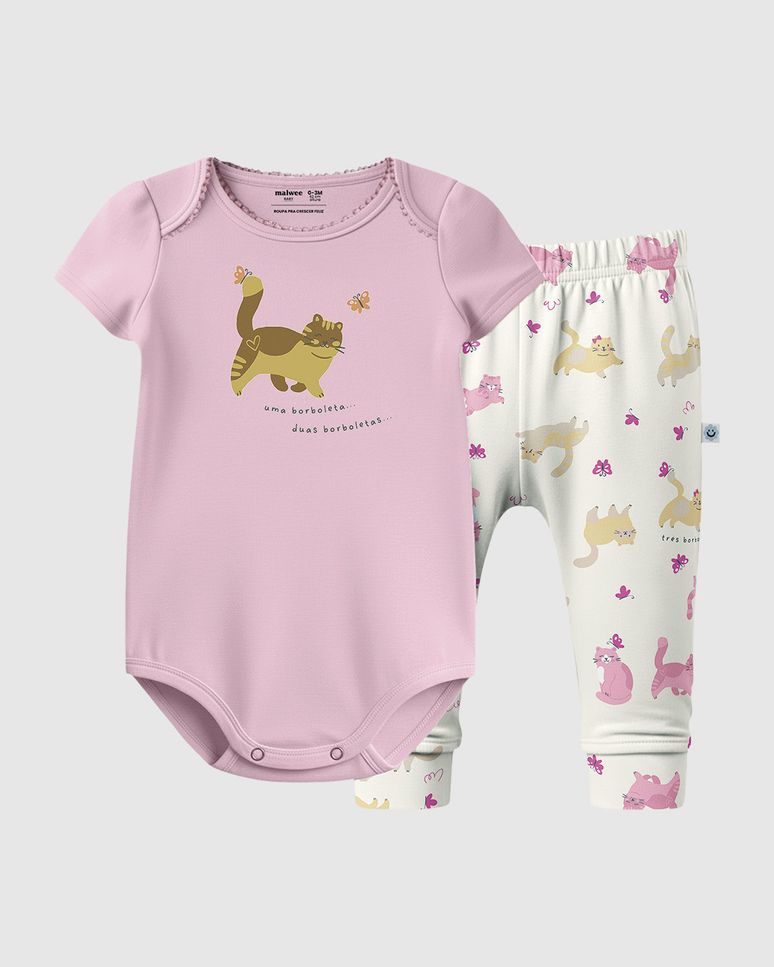 Conjunto Bebê Menina Body + Calça Estampa Gatinhos Em Algodão Malwee Kids