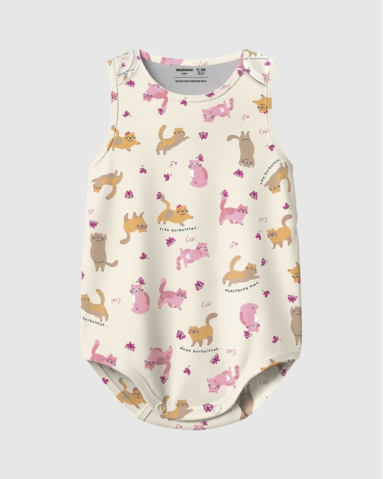 Body Bebê Menina Regata Estampa Gatinhos Em Algodão Malwee Kids
