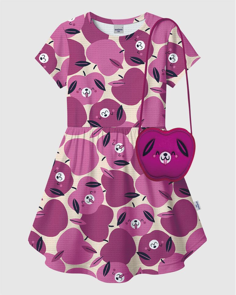 Vestido Infantil Estampa Maças Acompanha Bolsa De Acessório Malwee Kids