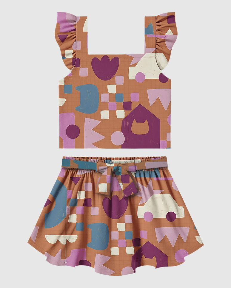 Conjunto Infantil Menina Blusa E Saia Estampa Geométrica Algodão Malwee Kids