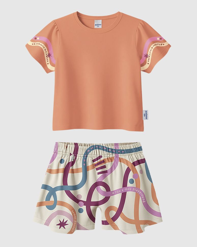 Conjunto Infantil Menina Shorts Estampa Abstrata Em Algodão Malwee Kids