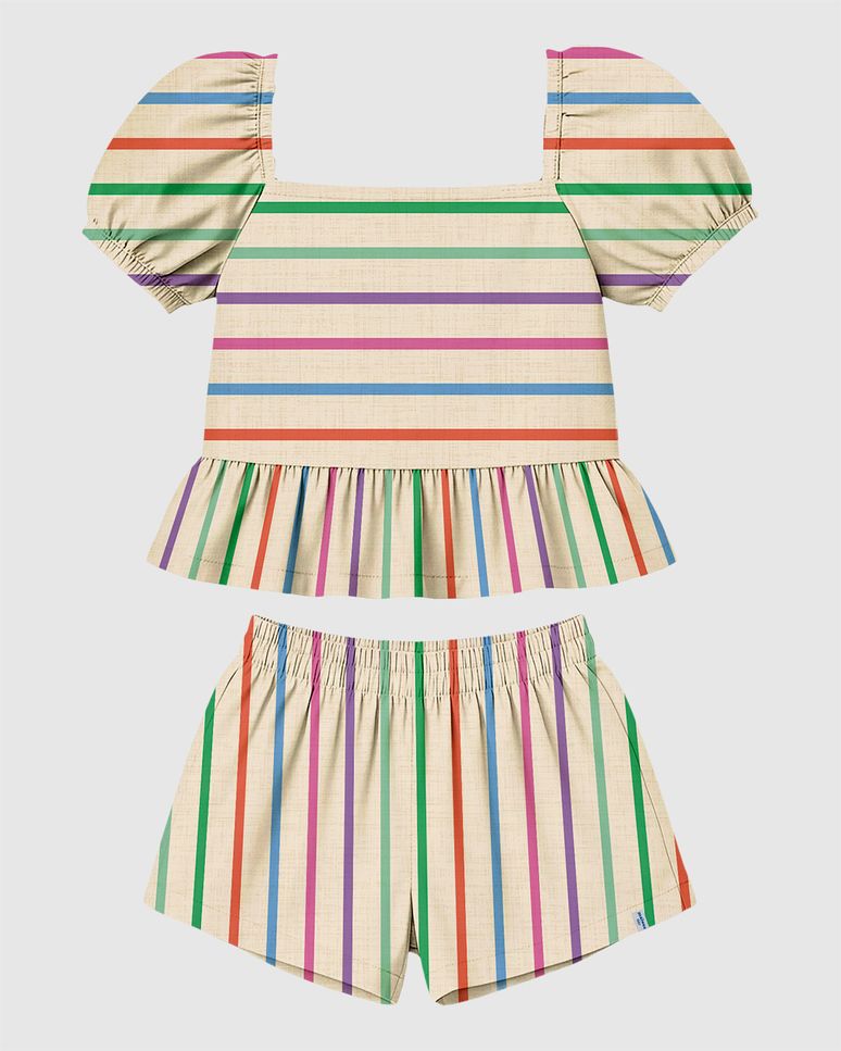 Conjunto Infantil Menina Listrado Blusa Peplum E Shorts Em Viscose Malwee Kids