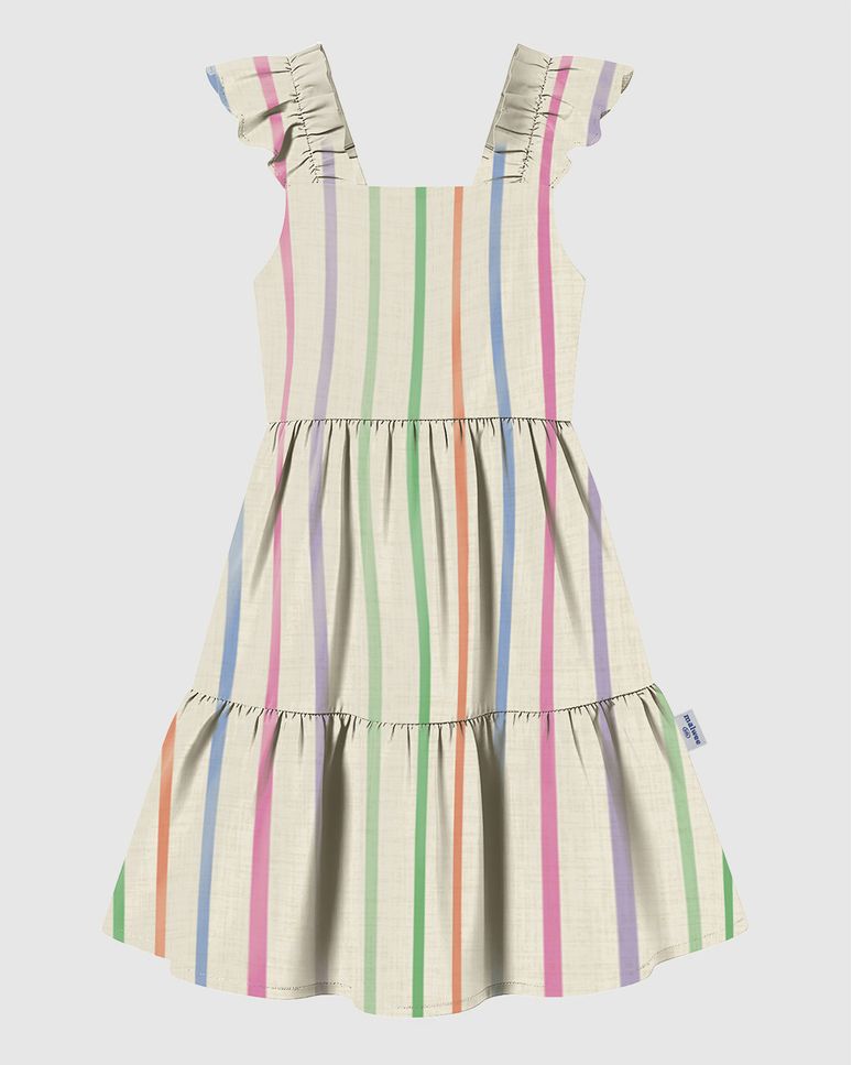 Vestido Infantil Alça Elástico Babados Estampa Listrada Em Viscose Malwee Kids