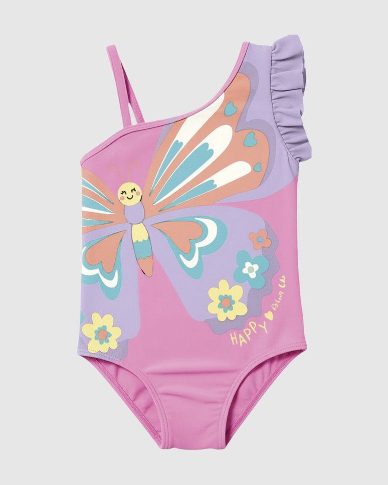 Maiô Infantil Menina Estampa Borboleta E Ombro Babado Em Malha UV Malwee Kids