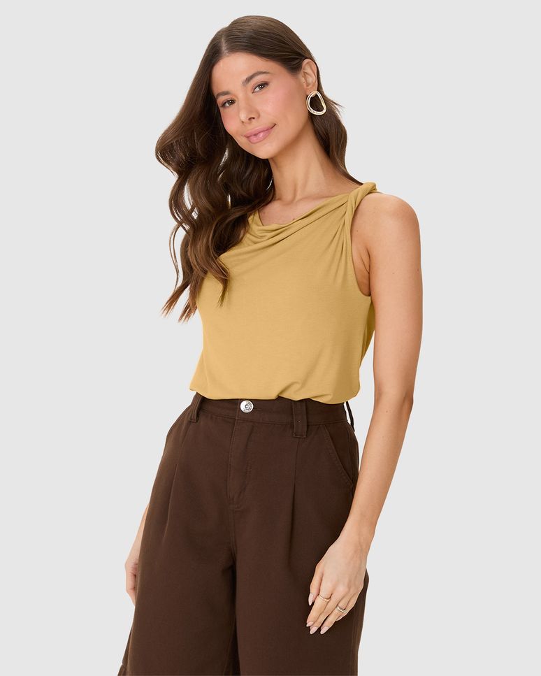 Regata Feminina Assimétrica Detalhe Torção Ombro Em Viscose Stretch