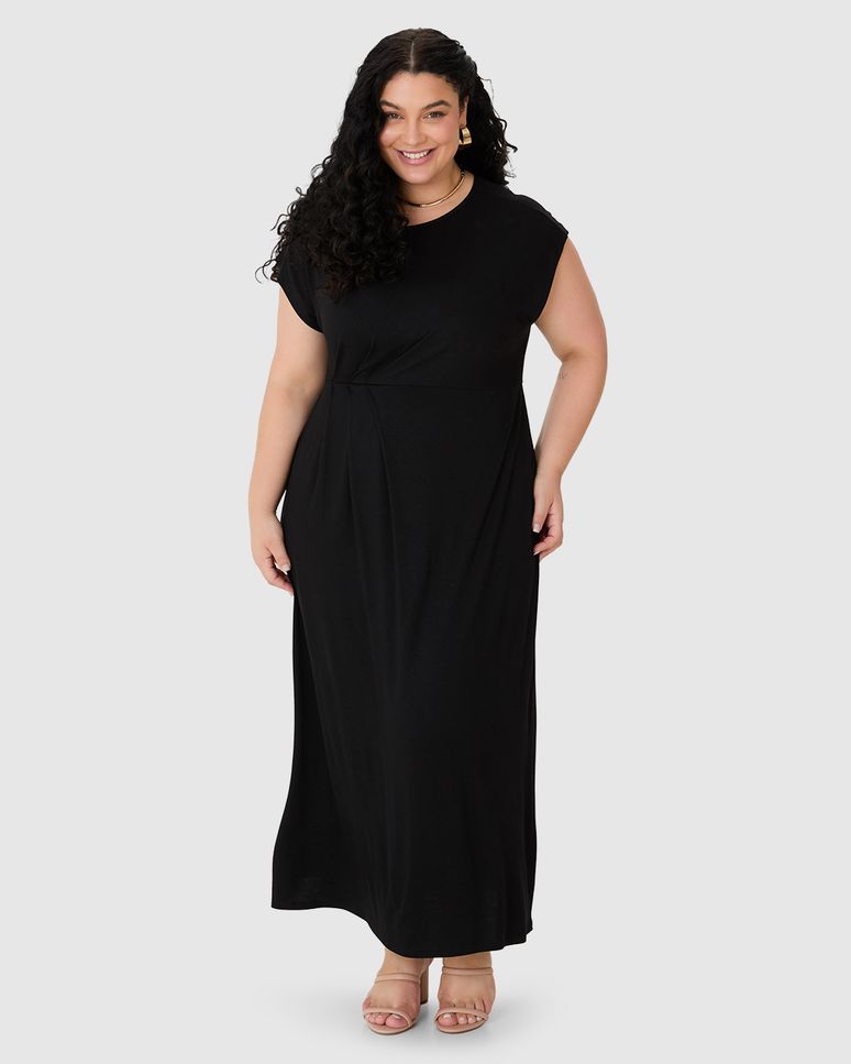 Vestido Feminino Plus Size Evasê Pregas Frontais Em Viscose Stretch