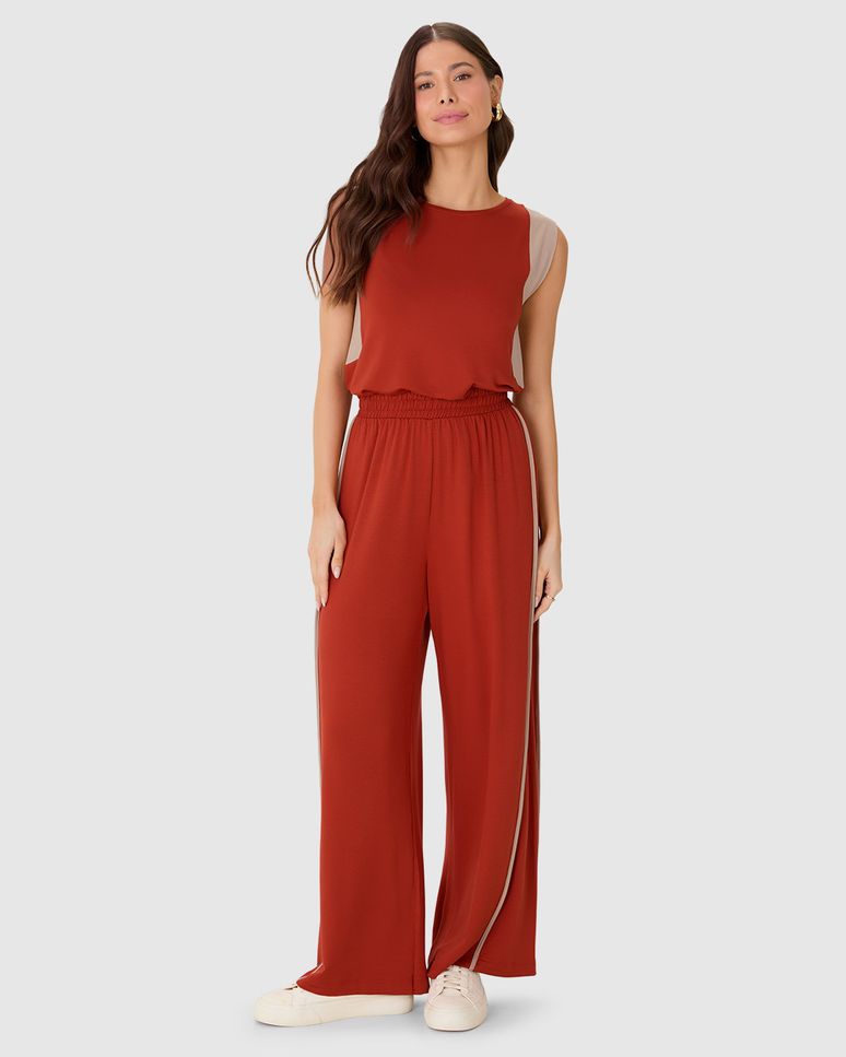 Calça Wide Leg Feminina Cós Elástico Em Moletinho De Viscose