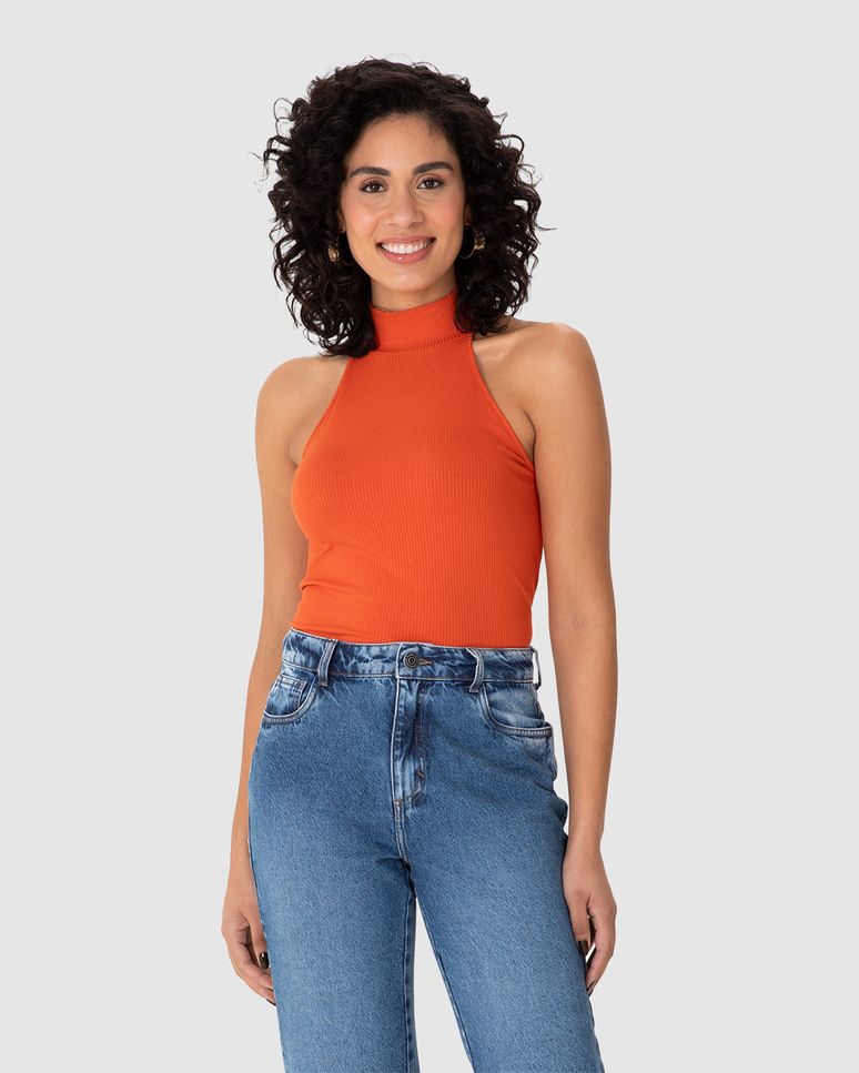 Regata Feminina Evasê Gola Alta Cavada Em Malha Viscose Canelada