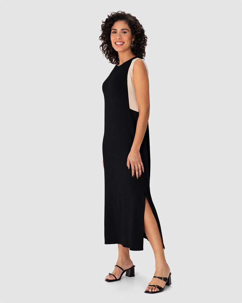 Vestido Midi Feminino Recorte Contrastante E Fenda Em Moletinho De Viscose