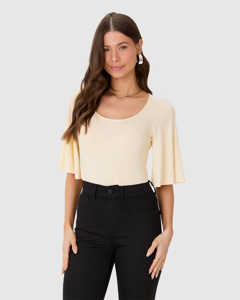 Blusa Justa Feminina Decote U Manga 3/4 Em Malha Viscose Canelada
