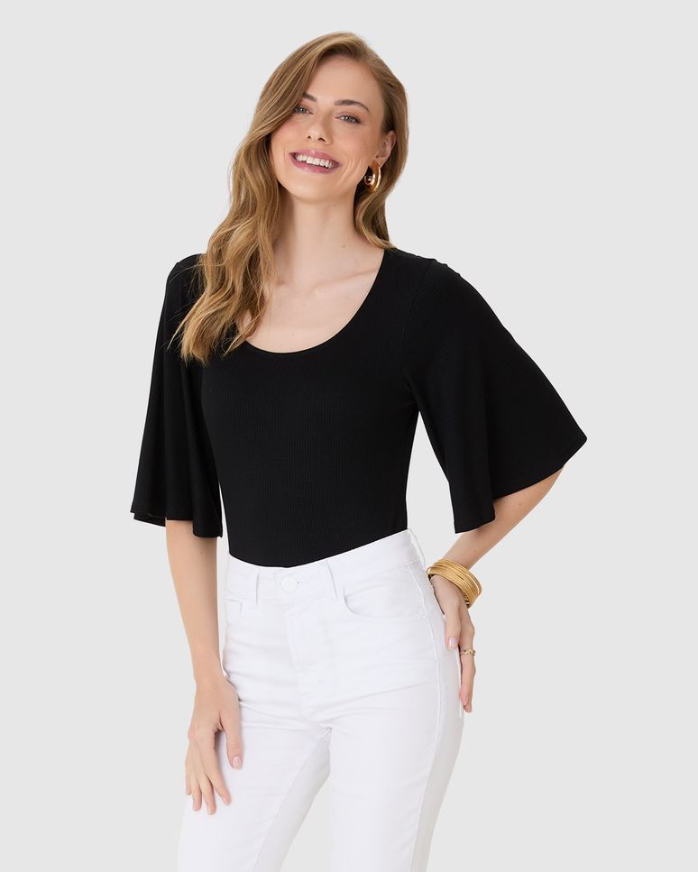 Blusa Justa Feminina Decote U Manga 3/4 Em Malha Viscose Canelada
