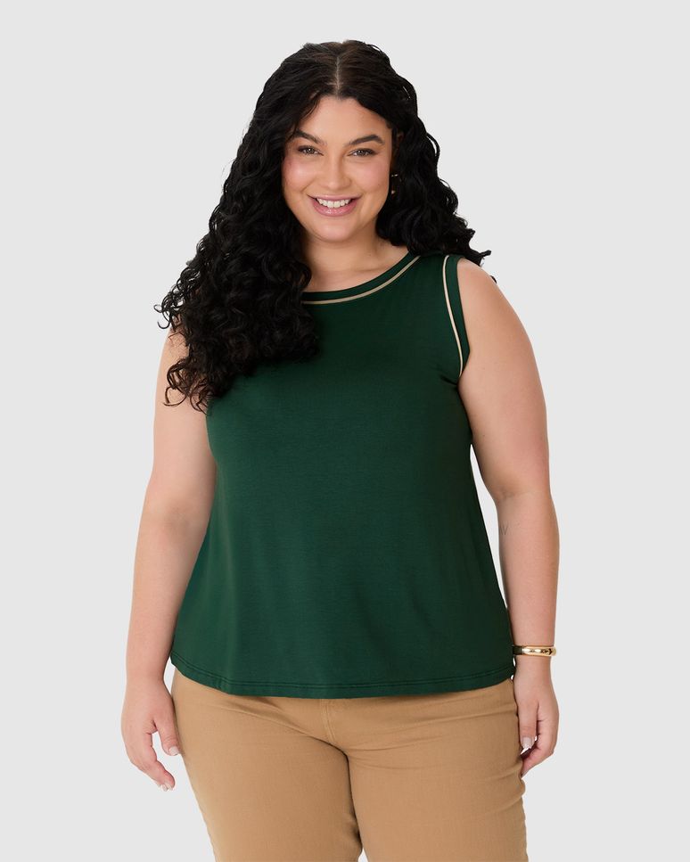 Regata Feminina Plus Size Detalhe Viés Contrastante Em Moletinho De Viscose