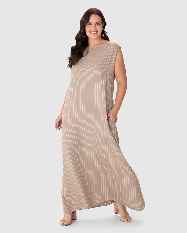 Vestido Midi Feminino Plus Size Amplo Bolso Funcional Em Viscose Lurex