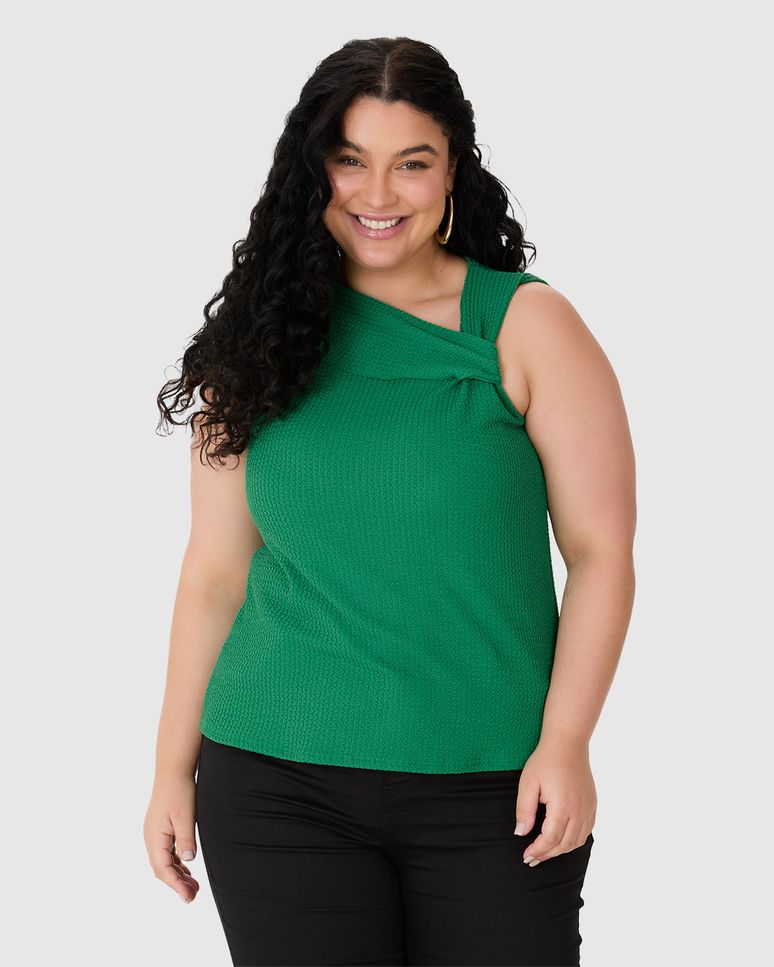 Blusa Feminina Plus Size Assimétrica Detalhe Torção Em Malha Texturizada