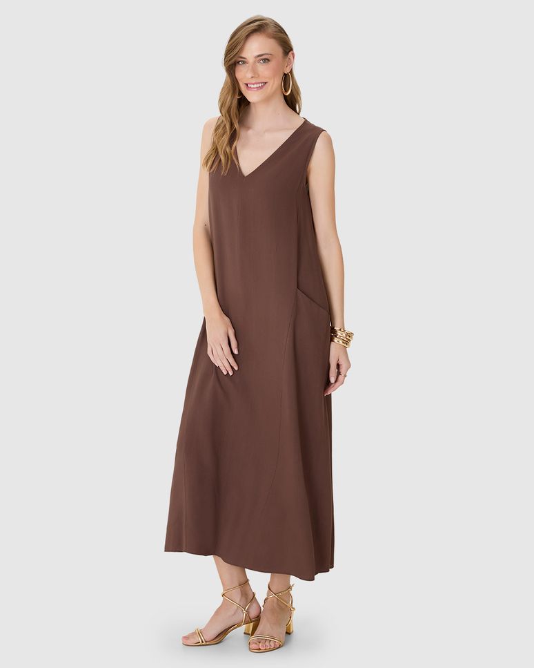 Vestido Midi Feminino Bolso Funcional Em Viscolinho Texturizado