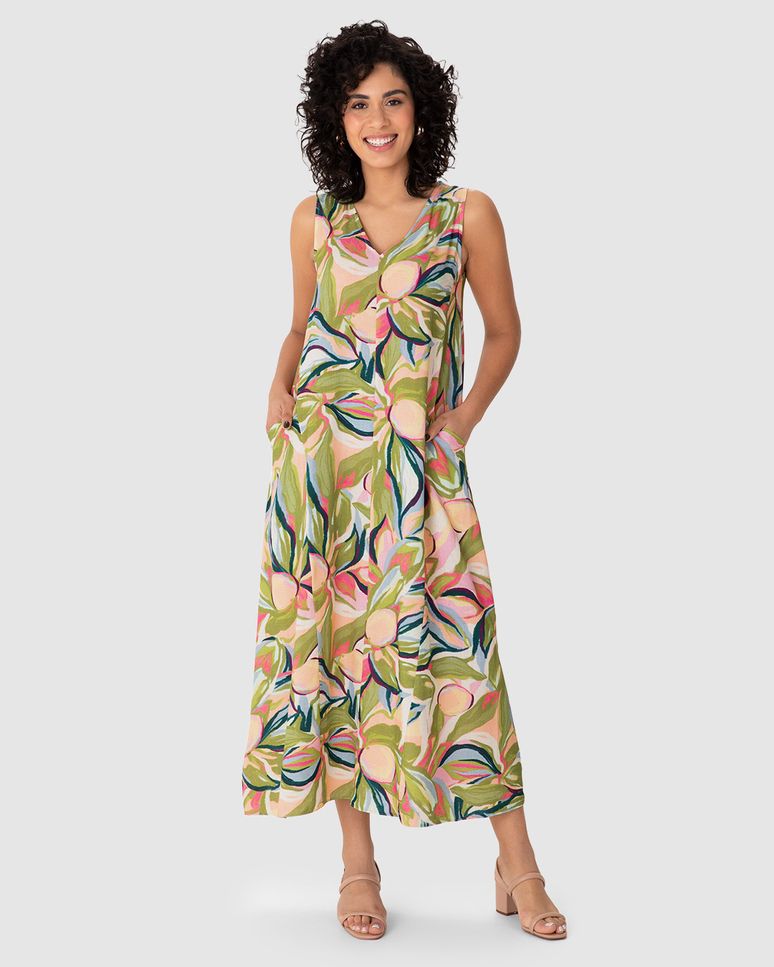 Vestido Midi Feminino Bolso Funcional Em Viscolinho Texturizado