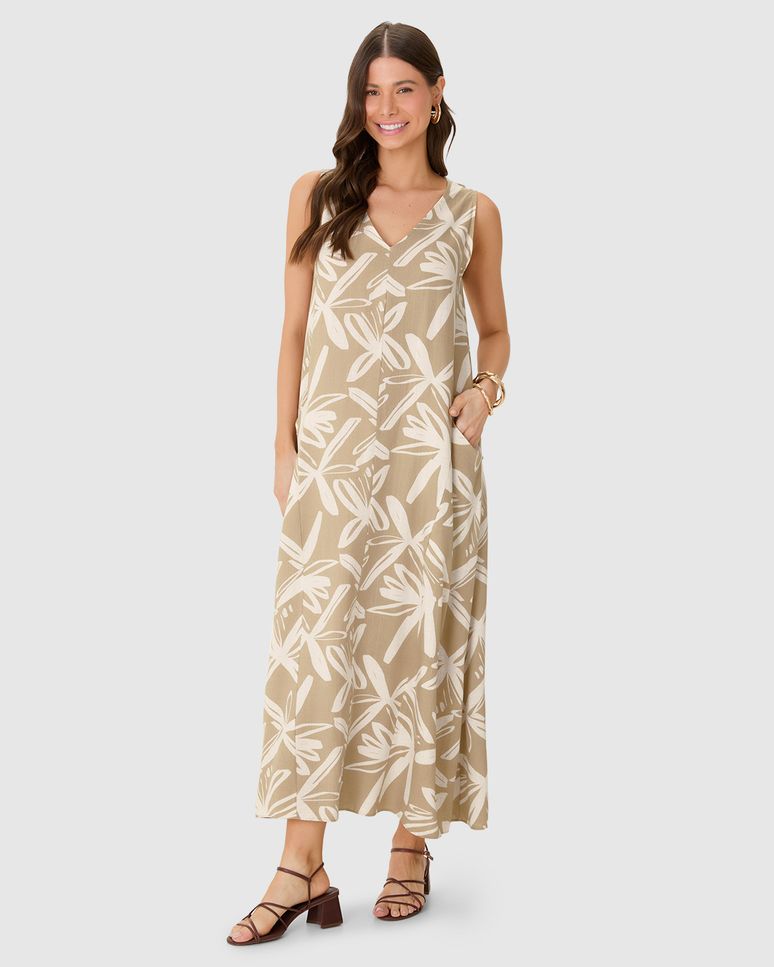 Vestido Midi Feminino Bolso Funcional Em Viscolinho Texturizado