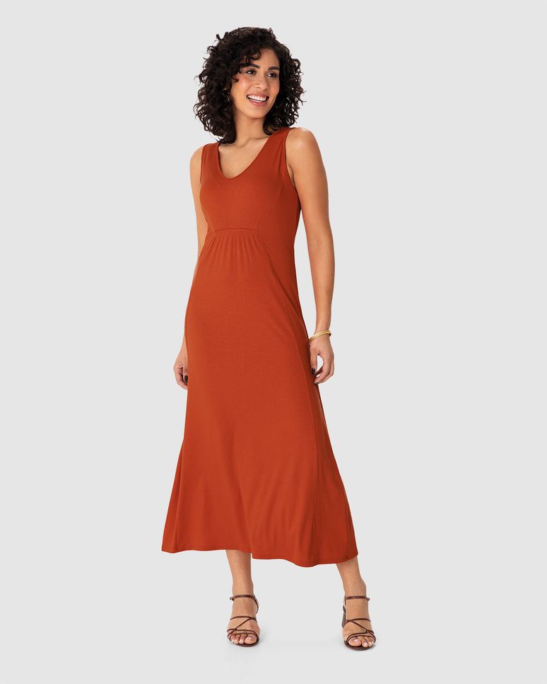 Vestido Midi Feminino Detalhe Franzido Frontal Em Malha Viscose Canelada