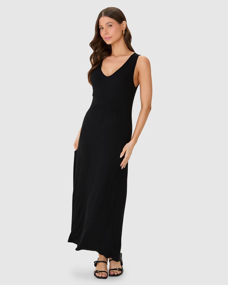 Vestido Midi Feminino Detalhe Franzido Frontal Em Malha Viscose Canelada