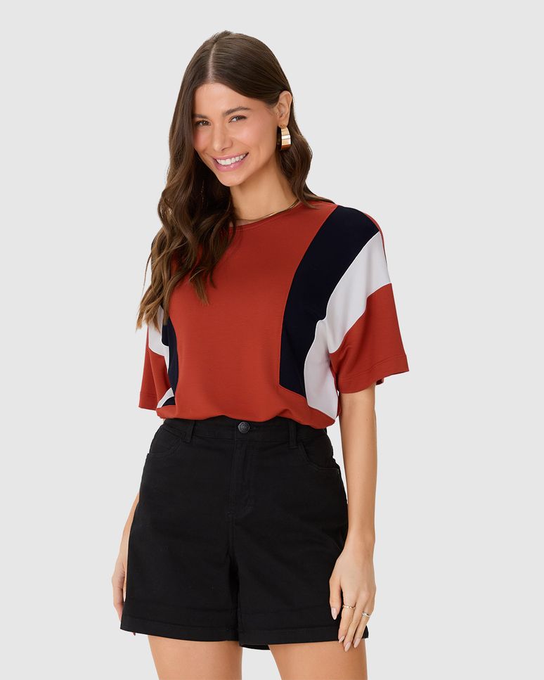 Blusa Ampla Feminina Com Recortes Contrastantes Em Moletinho De Viscose